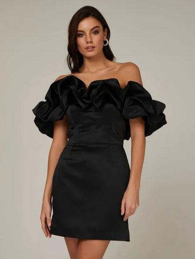 Heleen | Satijnen Ruffle Off Shoulder Jurk