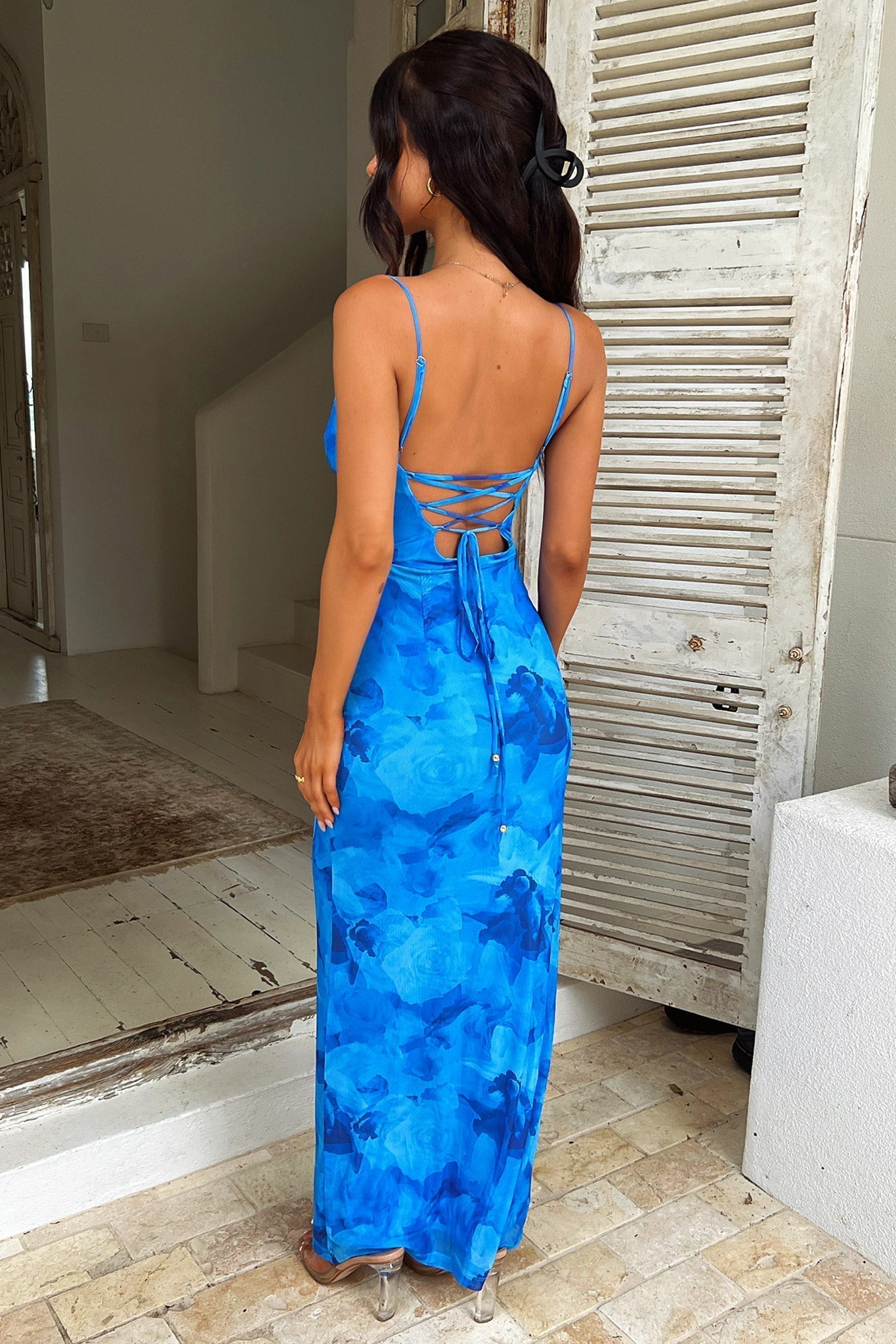 Juul | Blauw bloemen rugloze maxi jurk